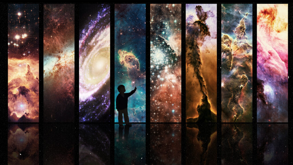 Silhouette of a child looking at a display of varying galactic phenomena- ALL design on this image is created from scratch by Yuri Arcurs team of professionals for this particular photo shoot.